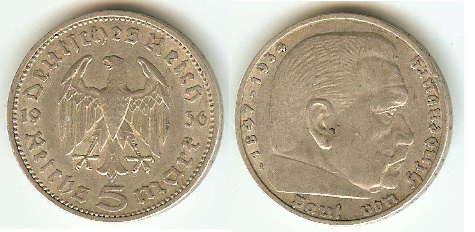 Allemagne 5 Reichsmark Aigle 1936A Berlin TTB